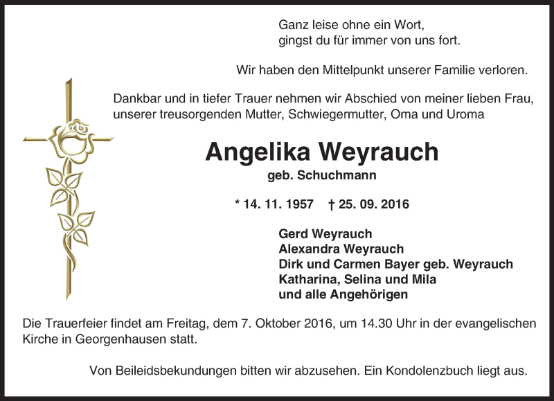  Traueranzeige für Angelika Weyrauch vom 01.10.2016 aus Trauerportal Echo Online