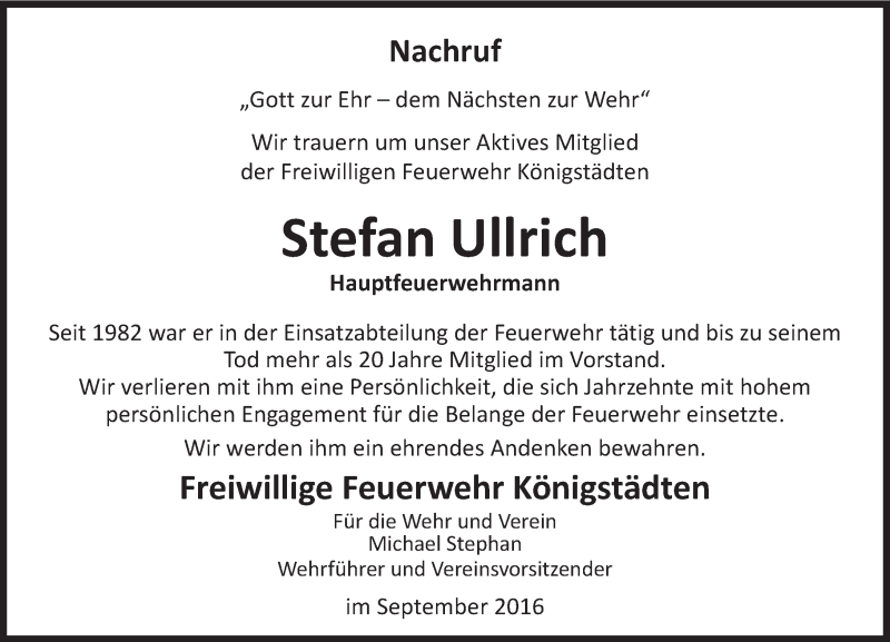  Traueranzeige für Stefan Ullrich vom 17.09.2016 aus Trauerportal Rhein Main Presse