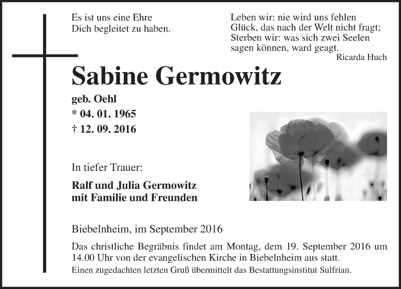  Traueranzeige für Sabine Germowitz vom 15.09.2016 aus Trauerportal Rhein Main Presse
