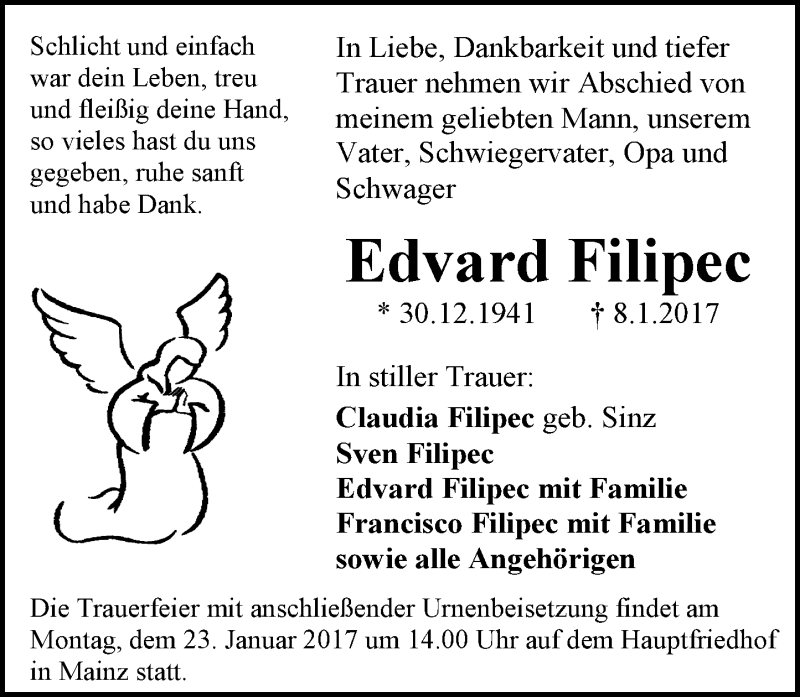  Traueranzeige für Edvard Filipec vom 14.01.2017 aus Trauerportal Rhein Main Presse