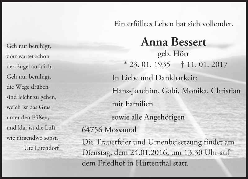  Traueranzeige für Anna Bessert vom 20.01.2017 aus Trauerportal Echo Online