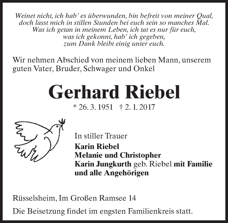  Traueranzeige für Gerhard Riebel vom 07.01.2017 aus Trauerportal Rhein Main Presse