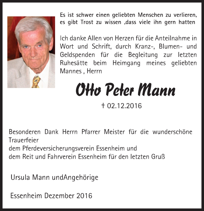  Traueranzeige für Otto Peter Mann vom 04.01.2017 aus Trauerportal Rhein Main Presse