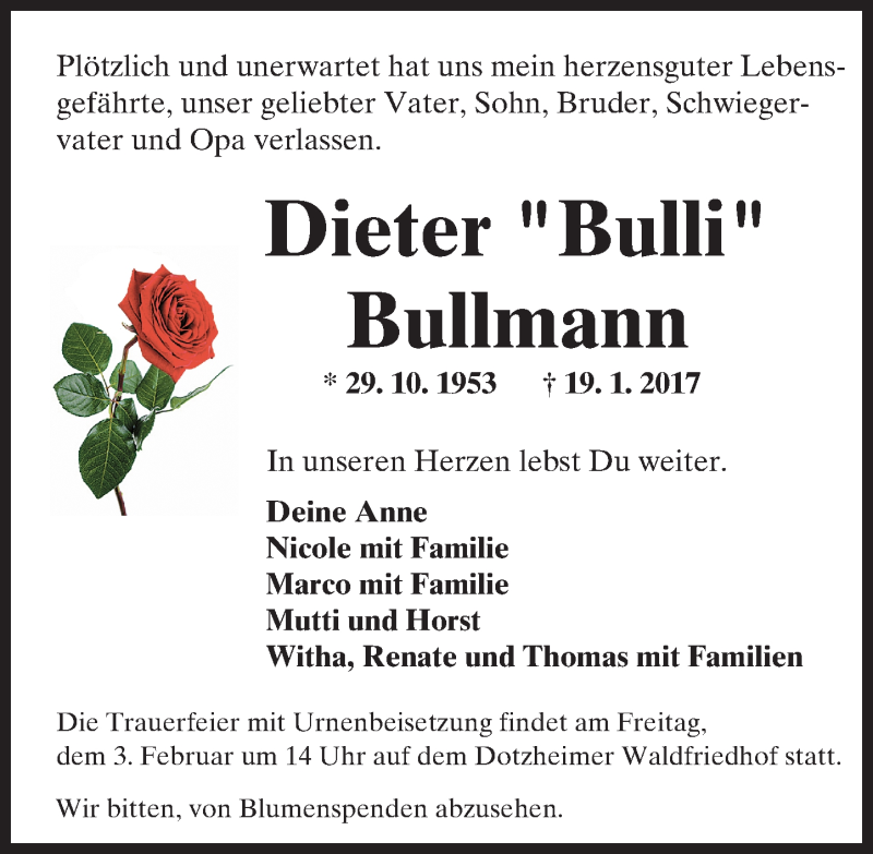  Traueranzeige für Dieter Bullmann vom 28.01.2017 aus Trauerportal Rhein Main Presse