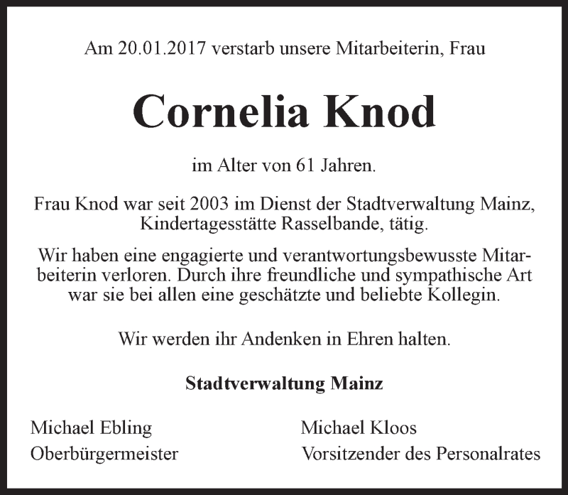  Traueranzeige für Cornelia Knod vom 27.01.2017 aus Trauerportal Rhein Main Presse