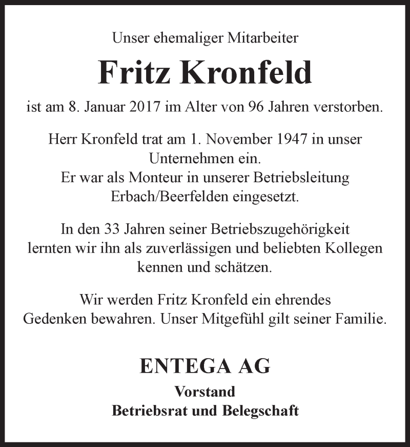 Traueranzeige für Fritz Kronfeld vom 17.01.2017 aus Trauerportal Echo Online
