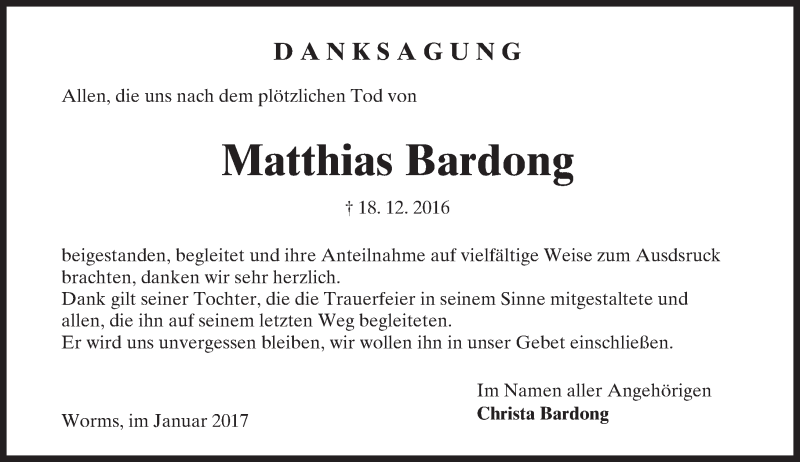  Traueranzeige für Matthias Bardong vom 21.01.2017 aus Trauerportal Rhein Main Presse