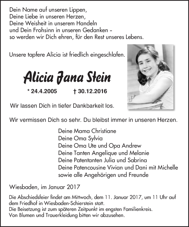  Traueranzeige für Alicia Jana Stein vom 07.01.2017 aus Trauerportal Rhein Main Presse