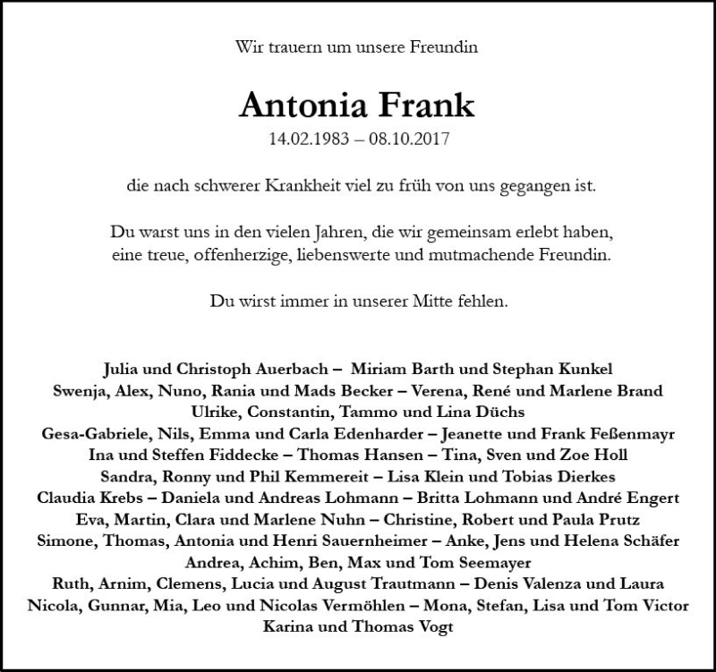  Traueranzeige für Antonia Frank vom 14.10.2017 aus Trauerportal Rhein Main Presse