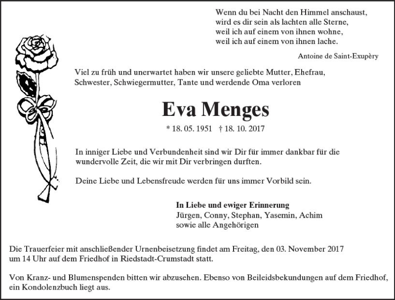  Traueranzeige für Eva Menges vom 28.10.2017 aus Trauerportal Echo Online