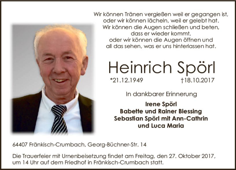  Traueranzeige für Heinrich Spörl vom 21.10.2017 aus Trauerportal Echo Online