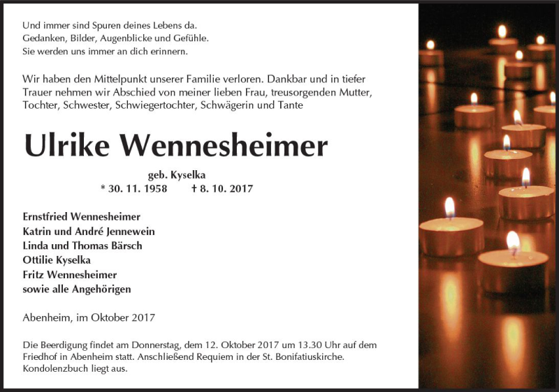  Traueranzeige für Ulrike Wennesheimer vom 10.10.2017 aus Trauerportal Rhein Main Presse