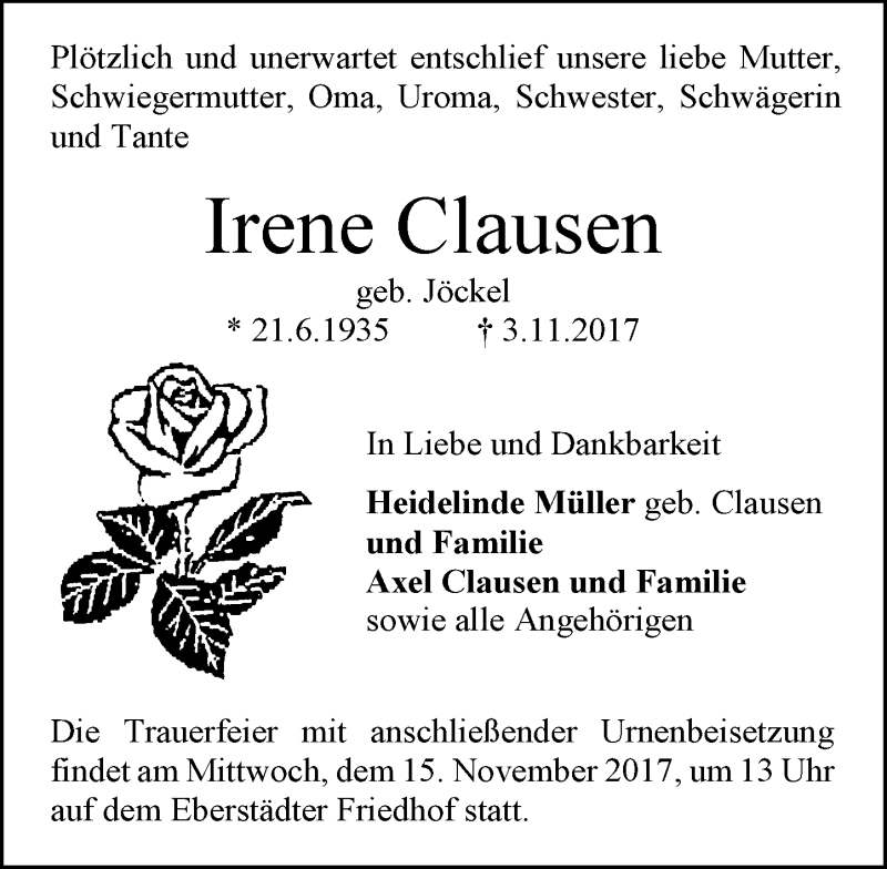  Traueranzeige für Irene Clausen vom 11.11.2017 aus 