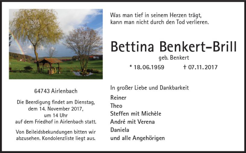  Traueranzeige für Bettina Benkert-Brill vom 11.11.2017 aus Trauerportal Echo Online