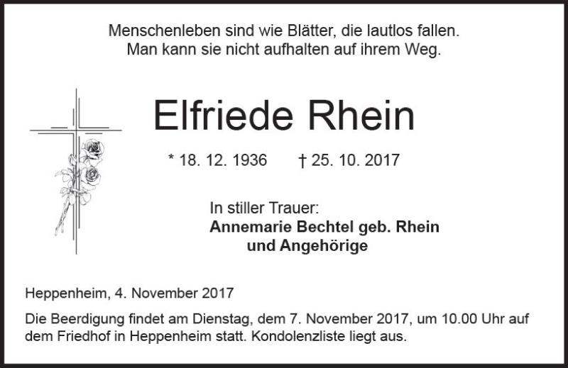  Traueranzeige für Elfriede Rhein vom 04.11.2017 aus Trauerportal Echo Online