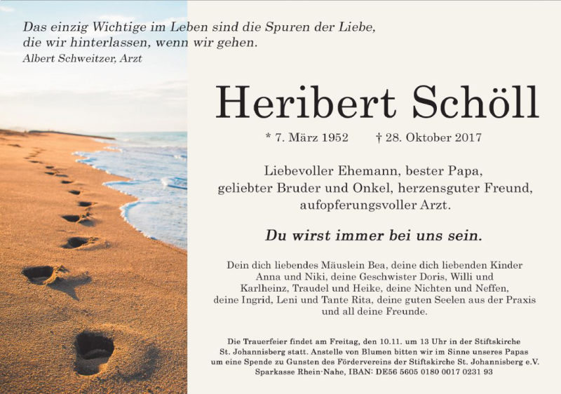  Traueranzeige für Heribert Schöll vom 04.11.2017 aus Trauerportal Rhein Main Presse