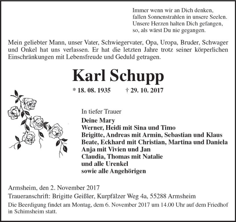  Traueranzeige für Karl Schupp vom 02.11.2017 aus Trauerportal Rhein Main Presse