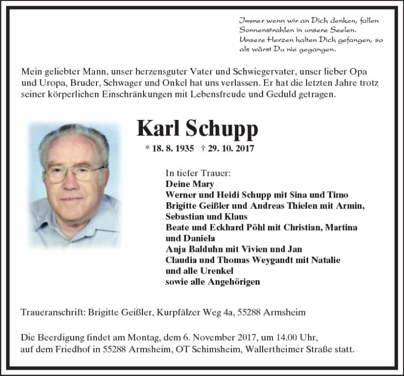  Traueranzeige für Karl Schupp vom 04.11.2017 aus Trauerportal Echo Online