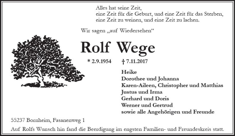  Traueranzeige für Rolf Wege vom 18.11.2017 aus Trauerportal Rhein Main Presse