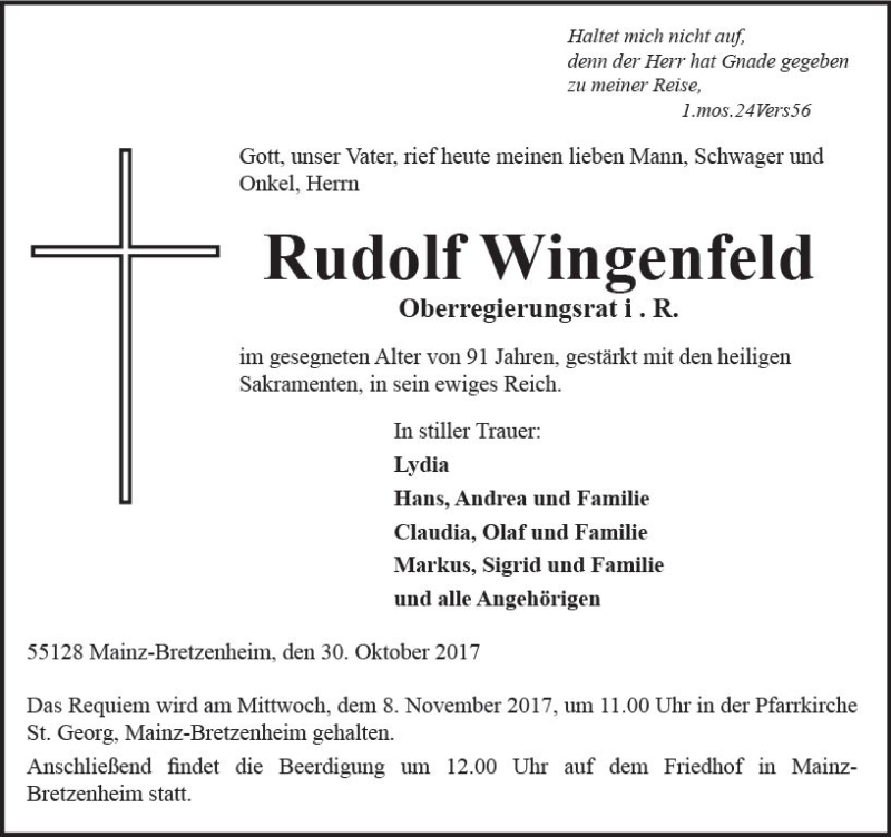  Traueranzeige für Rudolf Wingenfeld vom 04.11.2017 aus Trauerportal Rhein Main Presse