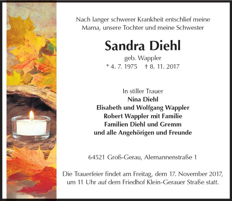  Traueranzeige für Sandra Diehl vom 13.11.2017 aus Trauerportal Echo Online