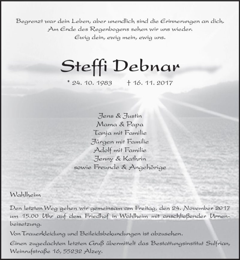  Traueranzeige für Steffi Debnar vom 21.11.2017 aus Trauerportal Rhein Main Presse