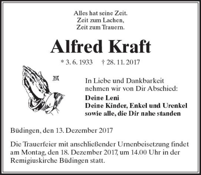  Traueranzeige für Alfred Kraft vom 13.12.2017 aus  Kreisanzeiger