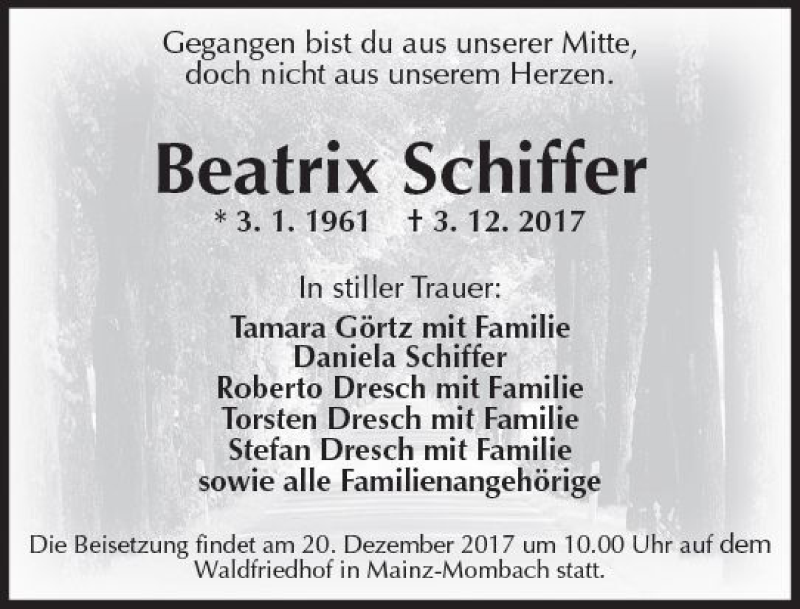  Traueranzeige für Beatrix Schiffer vom 16.12.2017 aus Trauerportal Rhein Main Presse