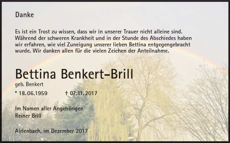  Traueranzeige für Bettina Benkert-Brill vom 09.12.2017 aus Trauerportal Echo Online