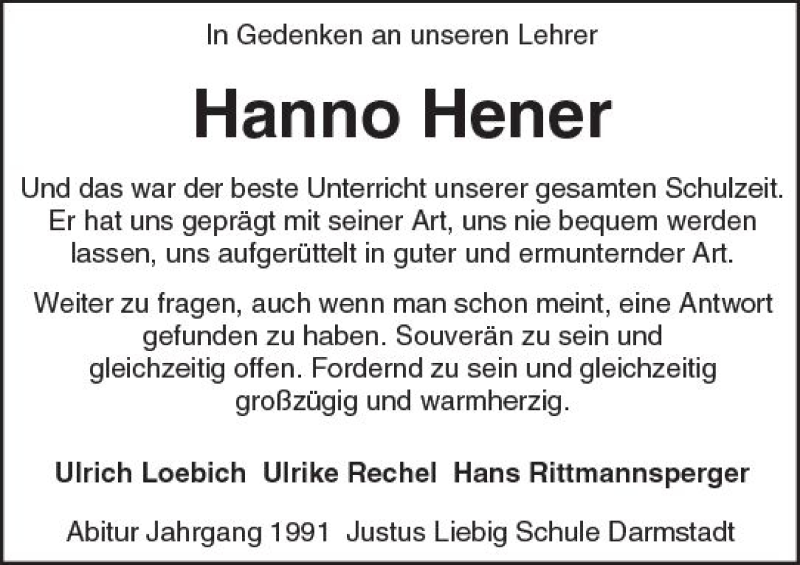  Traueranzeige für Hanno Hener vom 02.12.2017 aus Trauerportal Echo Online