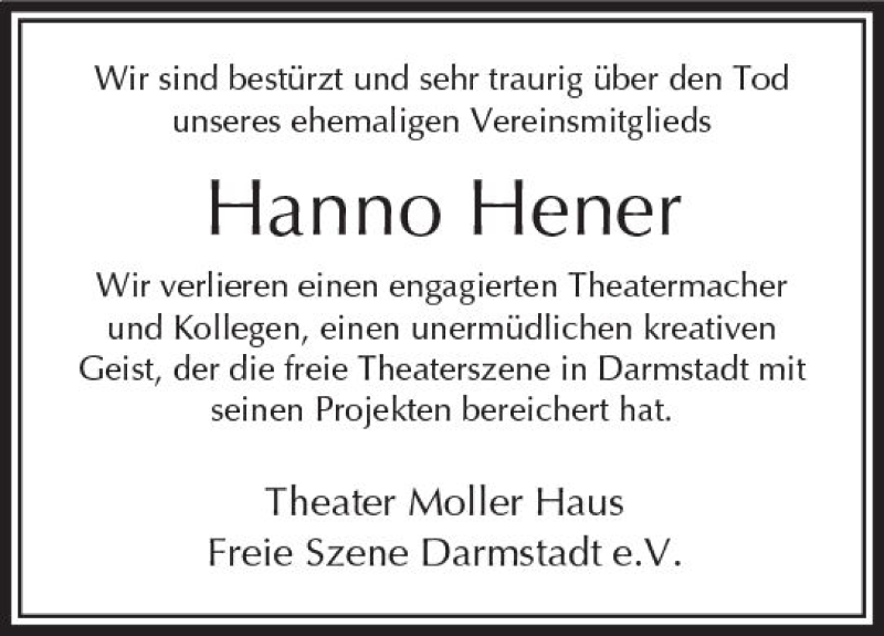  Traueranzeige für Hanno Hener vom 02.12.2017 aus Trauerportal Echo Online