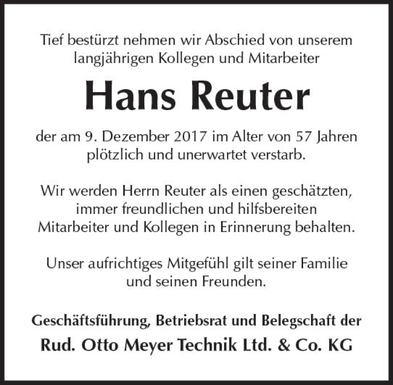  Traueranzeige für Hans Reuter vom 16.12.2017 aus Trauerportal Rhein Main Presse