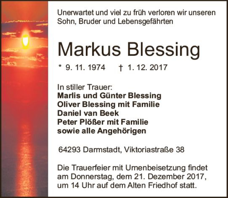  Traueranzeige für Markus Blessing vom 16.12.2017 aus Trauerportal Echo Online