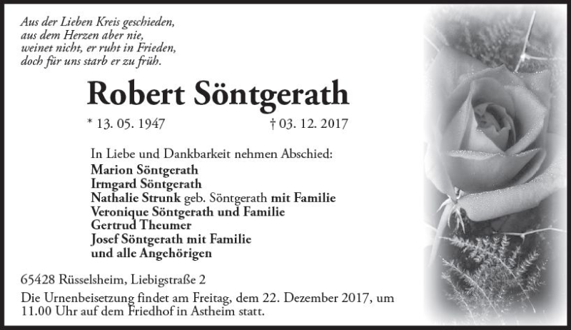  Traueranzeige für Robert Söntgerath vom 16.12.2017 aus Trauerportal Rhein Main Presse