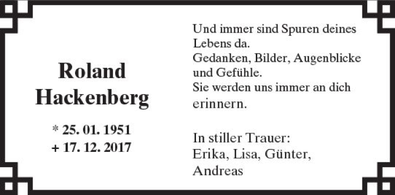  Traueranzeige für Roland Hackenberg vom 30.12.2017 aus  Kreisanzeiger