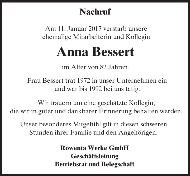  Traueranzeige für Anna Bessert vom 17.02.2017 aus Trauerportal Echo Online