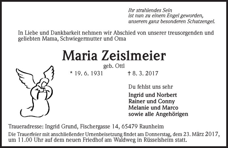  Traueranzeige für Maria Zeislmeier vom 15.03.2017 aus Trauerportal Rhein Main Presse
