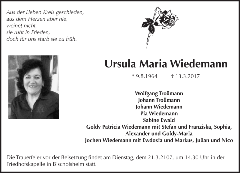  Traueranzeige für Ursula Maria Wiedemann vom 18.03.2017 aus Trauerportal Rhein Main Presse
