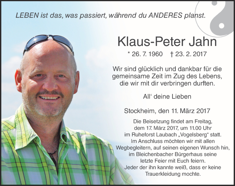  Traueranzeige für Klaus-Peter Jahn vom 11.03.2017 aus  Kreisanzeiger
