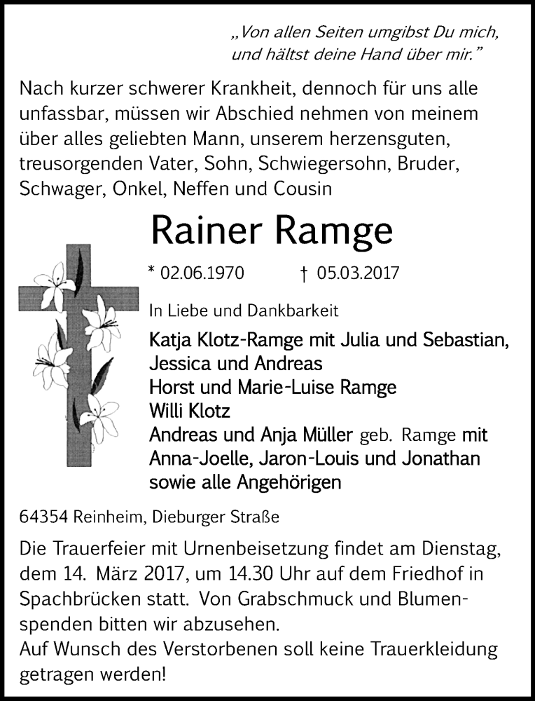  Traueranzeige für Rainer Ramge vom 11.03.2017 aus Trauerportal Echo Online