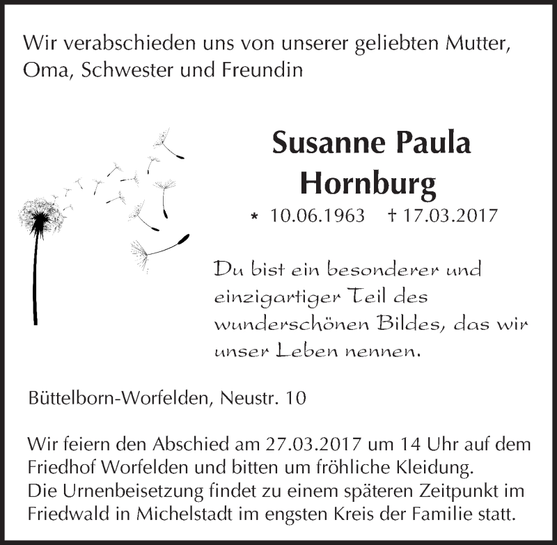  Traueranzeige für Susanne Paula Hornburg vom 22.03.2017 aus Trauerportal Echo Online