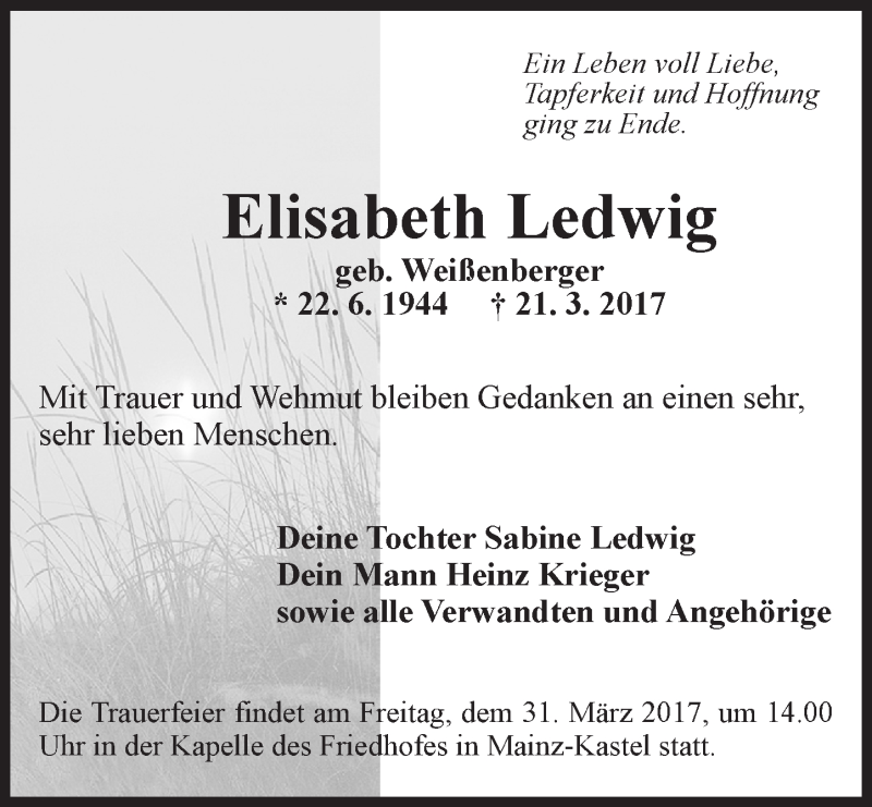  Traueranzeige für Elisabeth Ledwig vom 25.03.2017 aus Trauerportal Rhein Main Presse