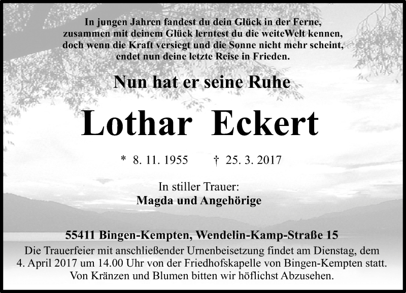  Traueranzeige für Lothar Eckert vom 30.03.2017 aus Trauerportal Rhein Main Presse