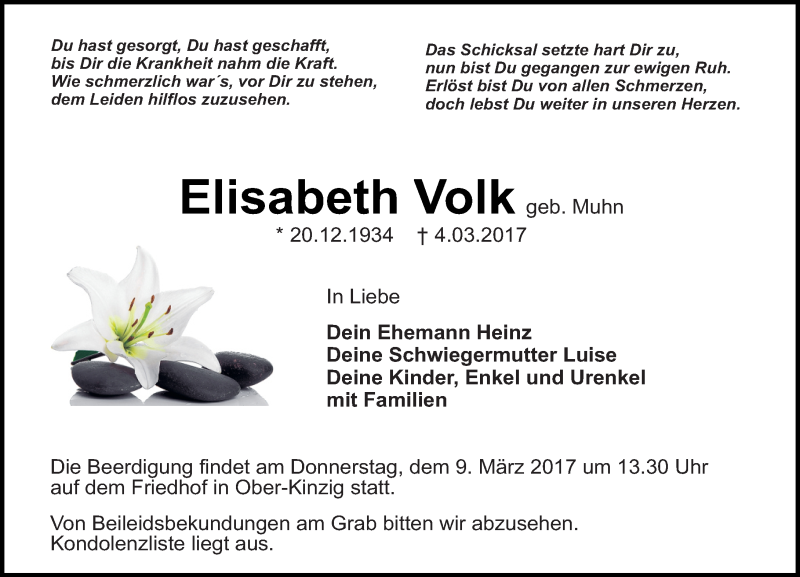  Traueranzeige für Elisabeth Volk vom 07.03.2017 aus Trauerportal Echo Online