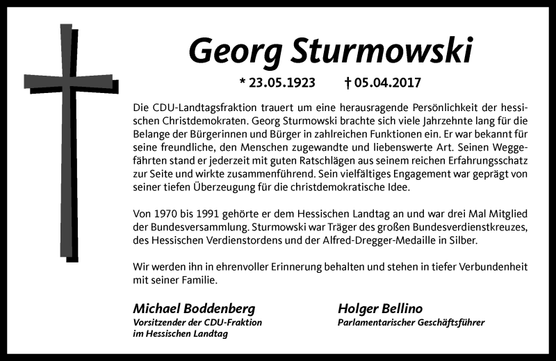  Traueranzeige für Georg Sturmowski vom 12.04.2017 aus Trauerportal Echo Online