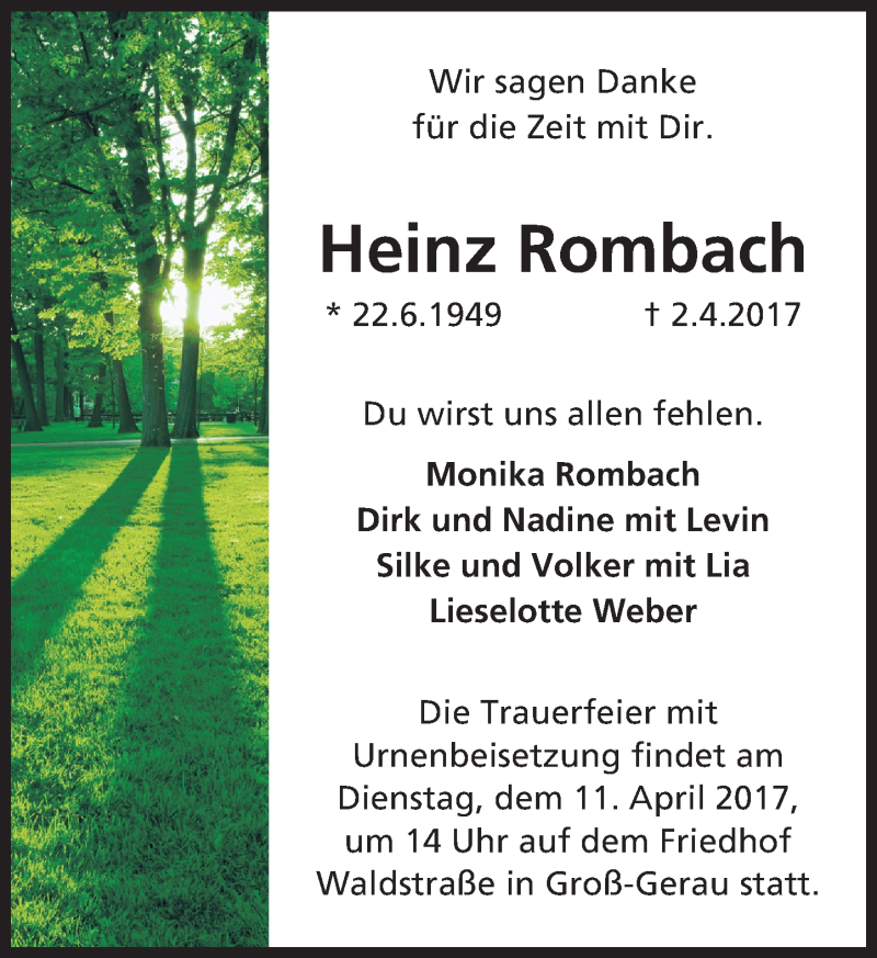  Traueranzeige für Heinz Rombach vom 08.04.2017 aus Trauerportal Echo Online