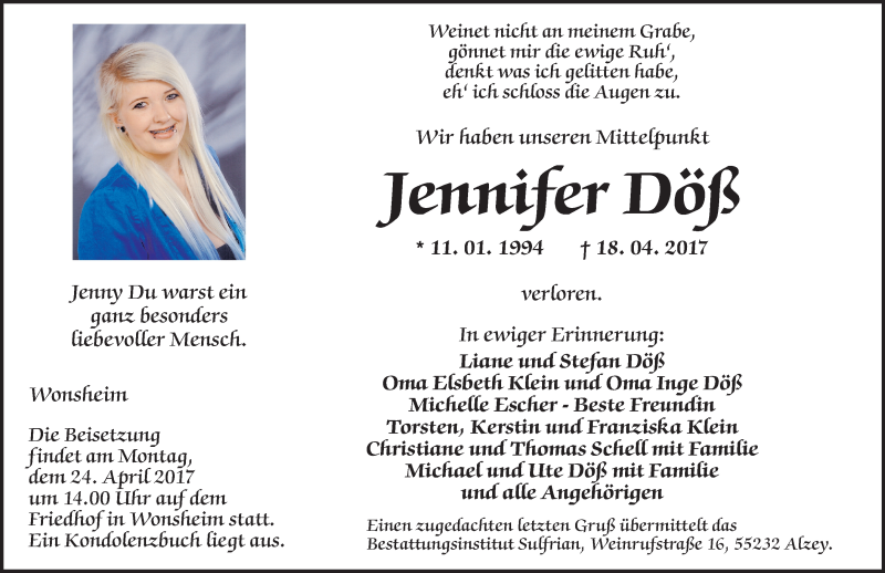  Traueranzeige für Jennifer Döß vom 22.04.2017 aus Trauerportal Rhein Main Presse