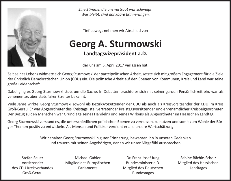  Traueranzeige für Georg Sturmowski vom 10.04.2017 aus Trauerportal Echo Online