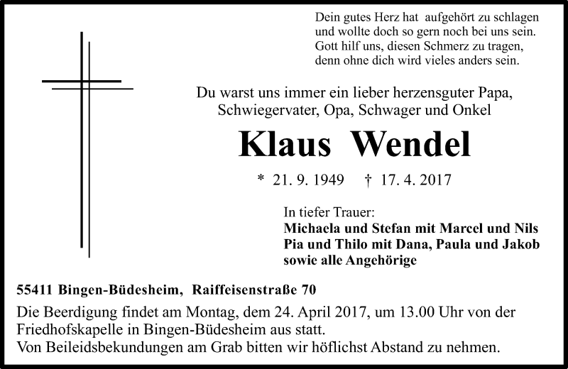  Traueranzeige für Klaus Wendel vom 20.04.2017 aus Trauerportal Rhein Main Presse
