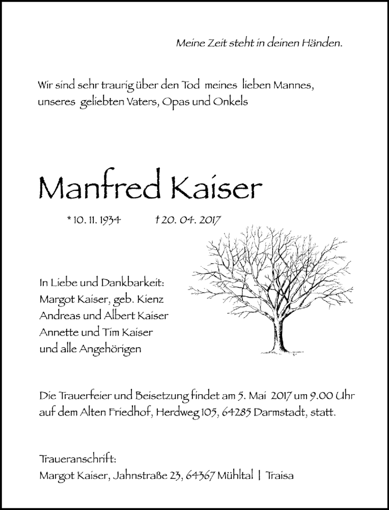  Traueranzeige für Manfred Kaiser vom 29.04.2017 aus Trauerportal Echo Online